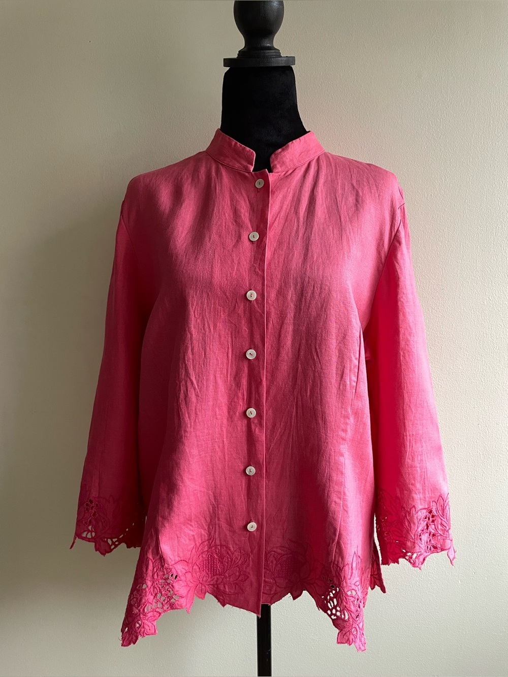 Jones New York Signature 100% Linen Pink Embroidered Blouse L